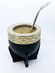 Premium Yerba Mate Gourd (Mate Cup) - Uruguayan Mate – IMPERIAL style Leather Wrapped - Includes Alpaca Bombilla (Straw) (Black, Leather)