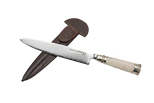 Damascus steel facon Dagger knife with turned bone handle and nickel silver finish and leather sheath traditional from Argentina (Gaucho)