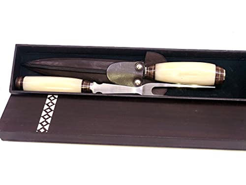 Carving set with handmade bone handle Argentine and finished with bronze threads in a wooden box (Bone)