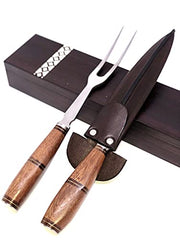 Carving set with handmade wood handle and finished with bronze threads in a wooden box (Wood)